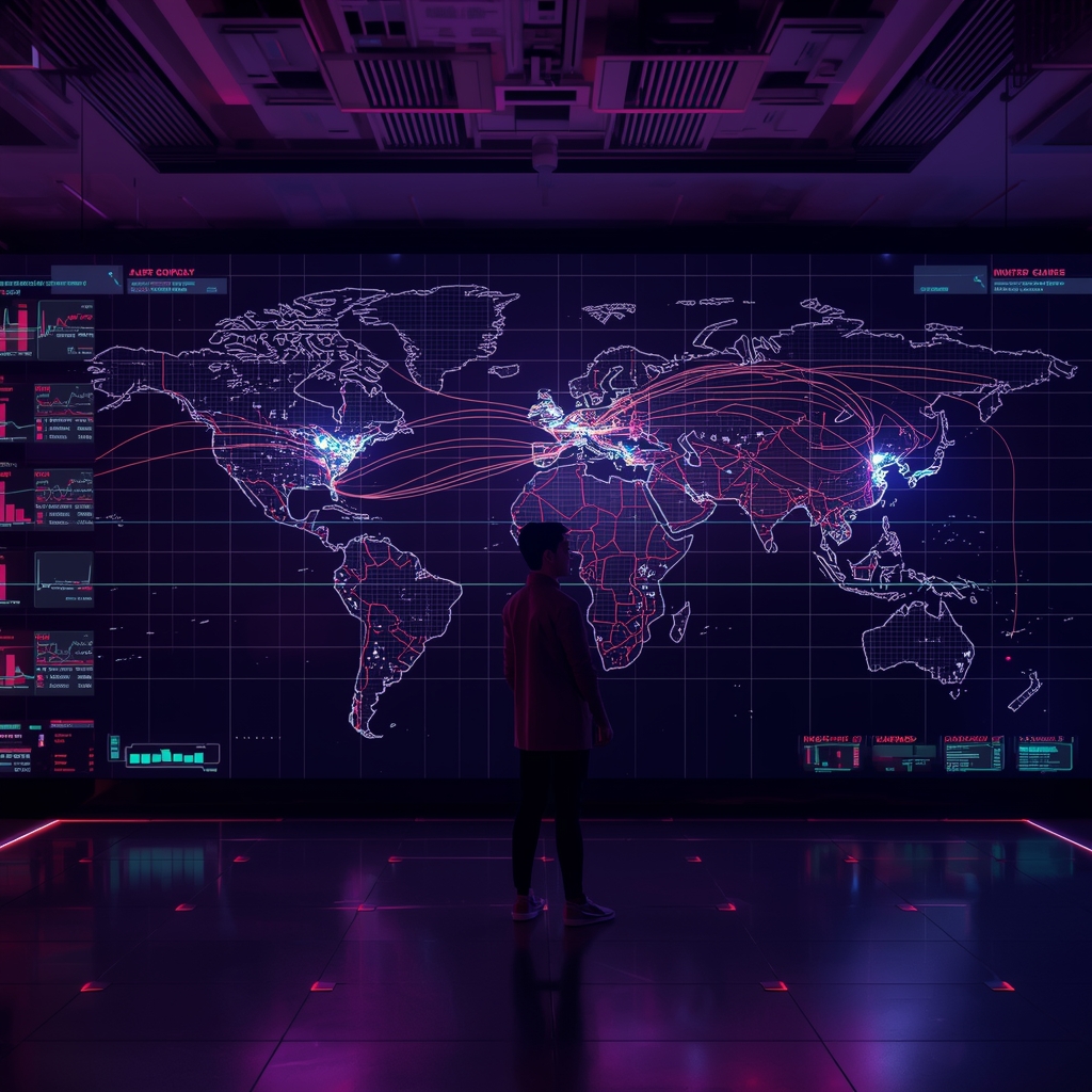 Advanced AI-driven market prediction system with glowing financial graphs, real-time global trade routes visualized as luminous streams of data on a dark world map, futuristic trading floor with holographic screens, deep space color palette with electric violet and neon green highlights, dramatic cinematic lighting, no people
