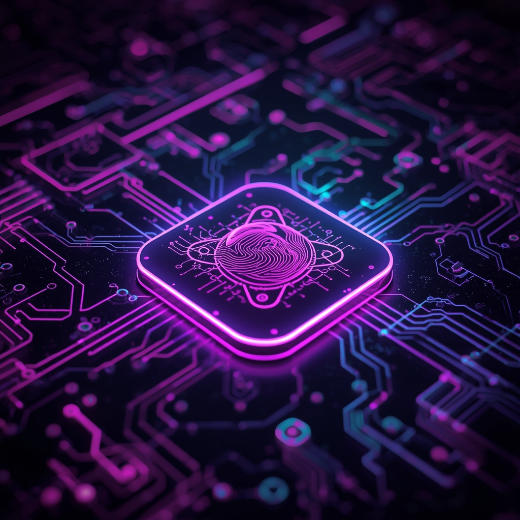 An abstract visualization of quantum computing circuits and business data analytics, glowing quantum processor chips with swirling energy patterns, interconnected nodes representing AI-powered business intelligence, dark background with electric violet and neon mint light trails, hyper-realistic macro photography style, no people
